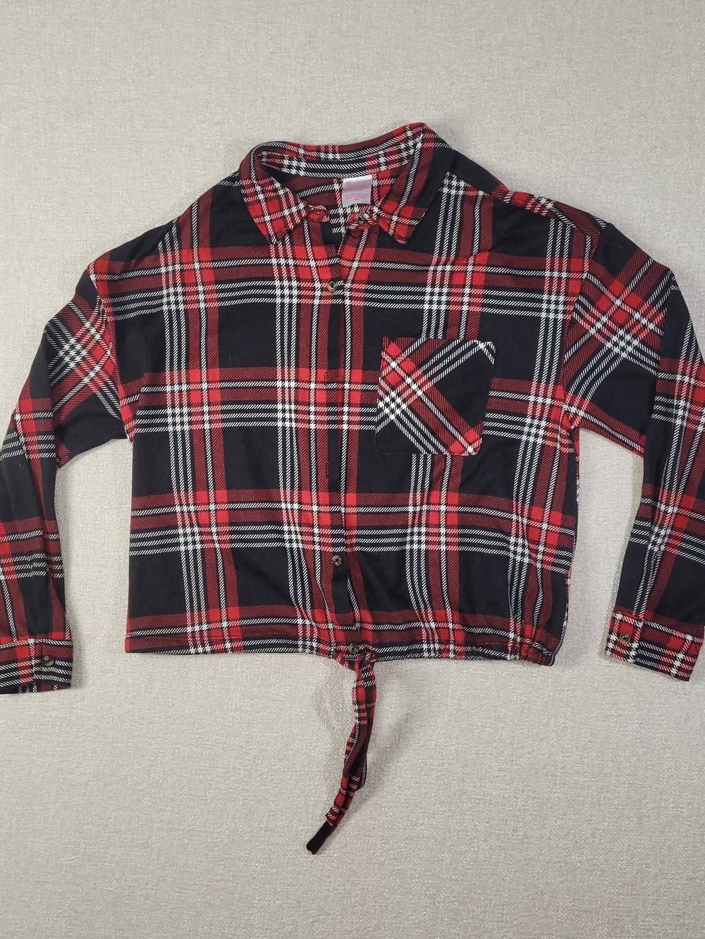 No Boundaries Red & Black Plaid Tie-Front Button-Down Shirt